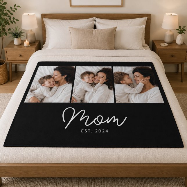 Mom Established Elegant Script Black 3 Photo Fleece Blanket (Creator Uploaded)