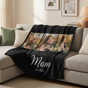 Mom Established Elegant Script Black 3 Photo Fleece Blanket