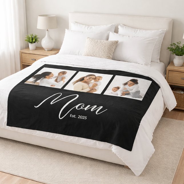 Mom Established Elegant Script Black 3 Photo Fleece Blanket (Creator Uploaded)