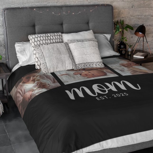 Mom Established Elegant Script Black 3 Photo Fleece Blanket (Creator Uploaded)