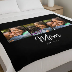 Mom Established Elegant Script Black 3 Photo  Fleece Blanket