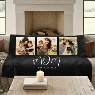 Mom Established Elegant Script Black 3 Photo Fleece Blanket