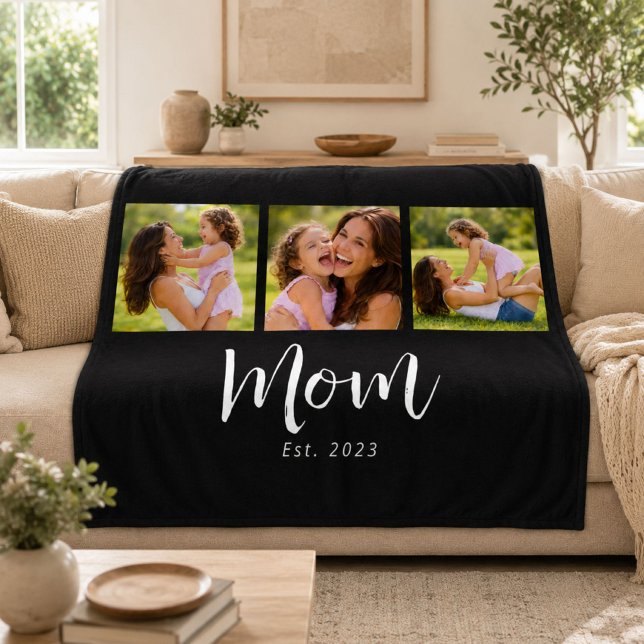 Mom Established Elegant Script Black 3 Photo Fleece Blanket (Creator Uploaded)