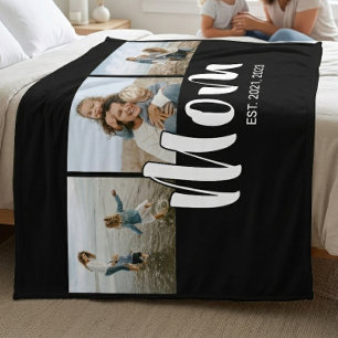 Mom Established Elegant Script Black 3 Photo Fleece Blanket