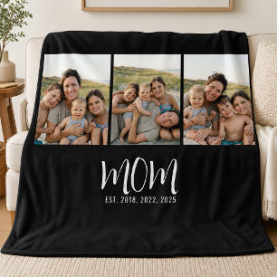 Mom Established Elegant Script Black 3 Photo Fleece Blanket