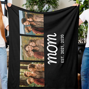 Mom Established Elegant Script Black 3 Photo Fleece Blanket