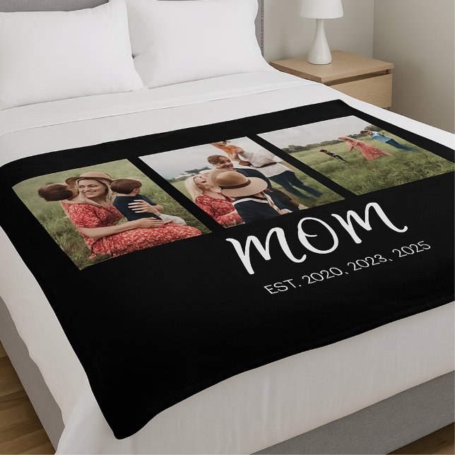Mom Established Elegant Script Black 3 Photo Fleece Blanket (Creator Uploaded)