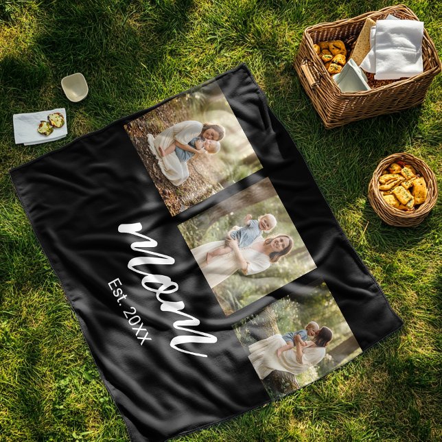 Mom Established Elegant Script Black 3 Photo Fleece Blanket (Creator Uploaded)