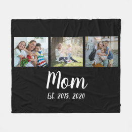 Mom Established Elegant Script Black 3 Photo Fleece Blanket
