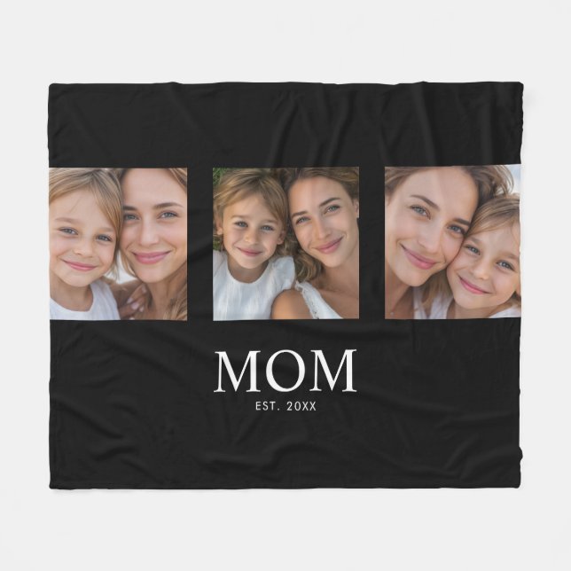 Mom Established Elegant Script Black 3 Photo Fleece Blanket (Front (Horizontal))