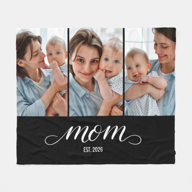 Mom Established Elegant Script Black 3 Photo Fleece Blanket (Front (Horizontal))
