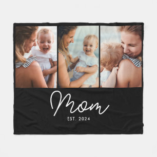 Mom Established Elegant Script Black 3 Photo Fleece Blanket