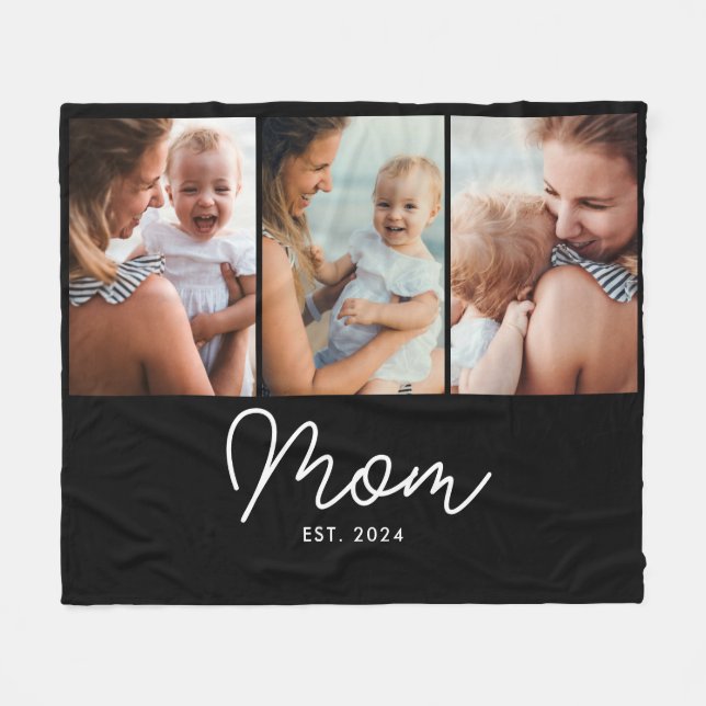 Mom Established Elegant Script Black 3 Photo Fleece Blanket (Front (Horizontal))