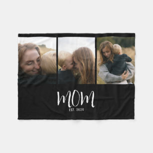 Mom Established Elegant Script Black 3 Photo Fleece Blanket