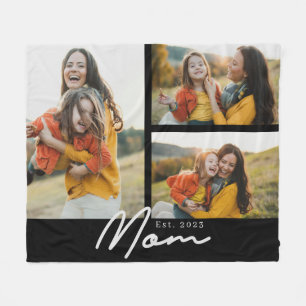 Mom Established Elegant Script Black 3 Photo Fleece Blanket