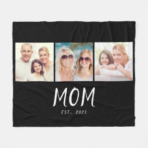 Mom Established Elegant Script Black 3 Photo Fleece Blanket