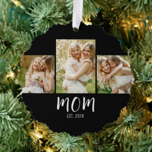 Mom Established Elegant Script Black 3 Photo  Ornament Card