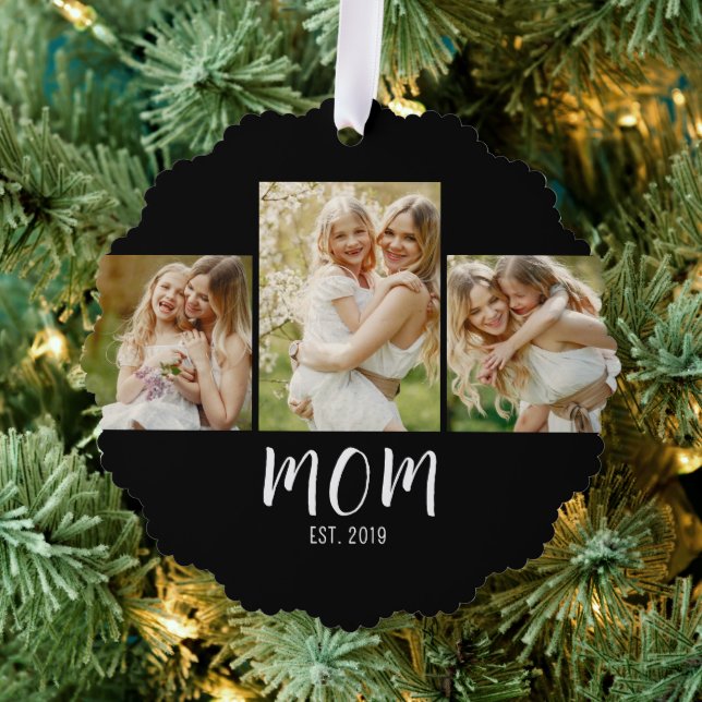Mom Established Elegant Script Black 3 Photo  Ornament Card (Insitu (Tree))