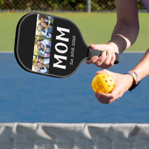 Mom Established Elegant Script Black 3 Photo Pickleball Paddle