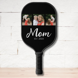 Mom Established Elegant Script Black 3 Photo Pickleball Paddle
