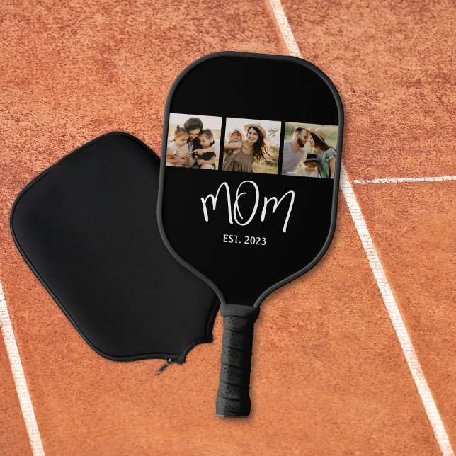 Mom Established Elegant Script Black 3 Photo Pickleball Paddle (Creator Uploaded)
