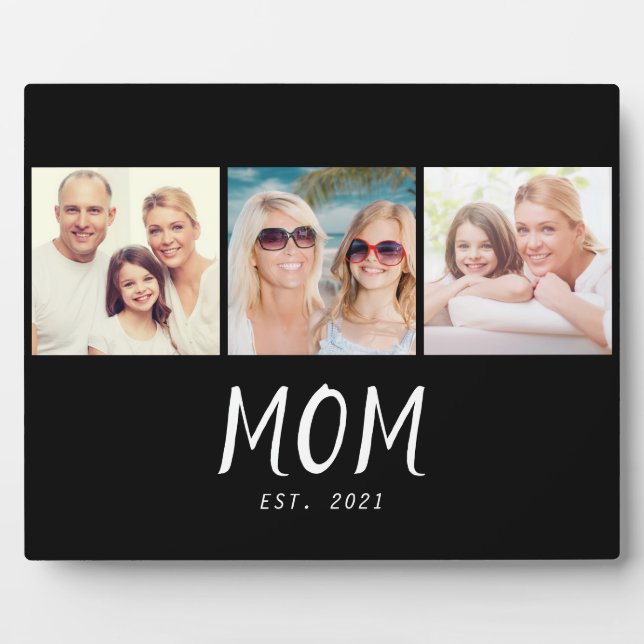 Mom Established Elegant Script Black 3 Photo Plaque (Front)