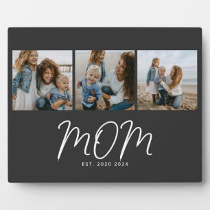 Mom Established Elegant Script Black 3 Photo Plaque
