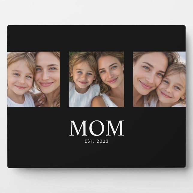 Mom Established Elegant Script Black 3 Photo Plaque (Front)