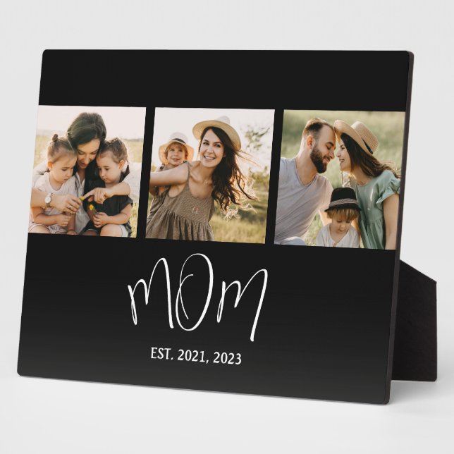 Mom Established Elegant Script Black 3 Photo Plaque (Side)