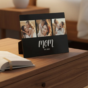 Mom Established Elegant Script Black 3 Photo Plaque
