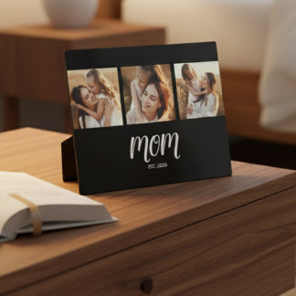 Mom Established Elegant Script Black 3 Photo Plaque