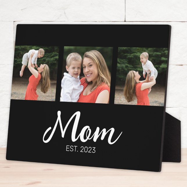 Mom Established Elegant Script Black 3 Photo Plaque (Creator Uploaded)