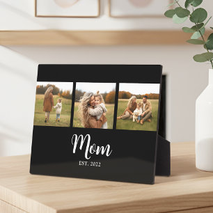 Mom Established Elegant Script Black 3 Photo Plaque
