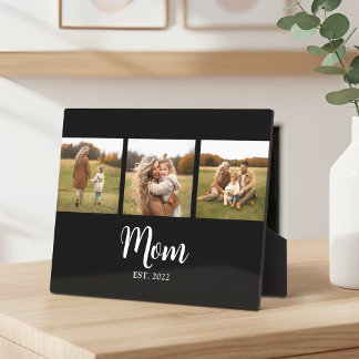 Mom Established Elegant Script Black 3 Photo Plaque