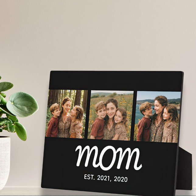 Mom Established Elegant Script Black 3 Photo Plaque (Creator Uploaded)