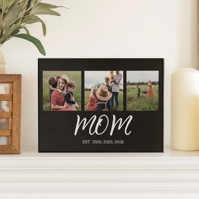 Mom Established Elegant Script Black 3 Photo Plaque (Creator Uploaded)