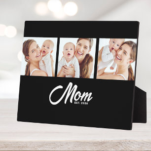 Mom Established Elegant Script Black 3 Photo Plaque