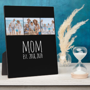 Mom Established Elegant Script Black 3 Photo Plaque