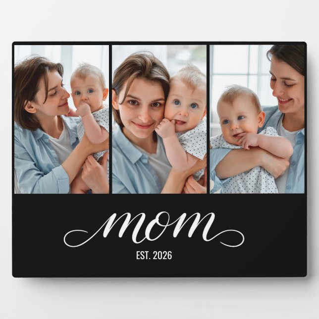 Mom Established Elegant Script Black 3 Photo Plaque (Front)