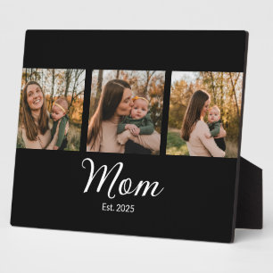 Mom Established Elegant Script Black 3 Photo Plaque