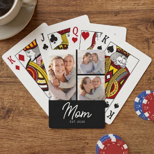 Mom Established Elegant Script Black 3 Photo Playing Cards