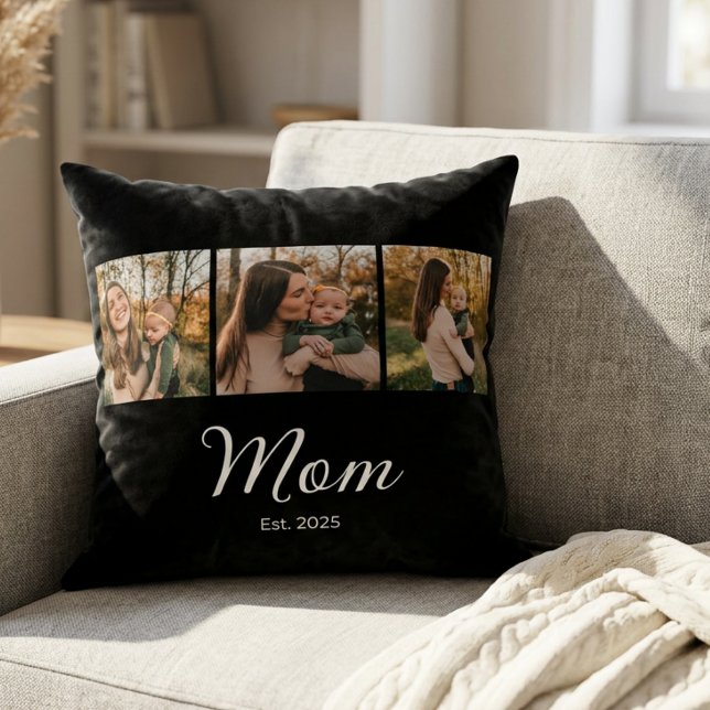 Mom Established Elegant Script Black 3 Photo Throw Pillow (Creator Uploaded)