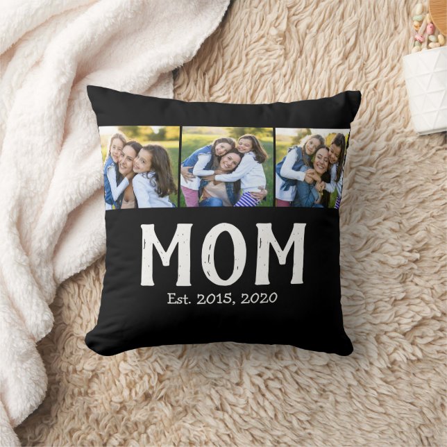 Mom Established Elegant Script Black 3 Photo Throw Pillow (Blanket)