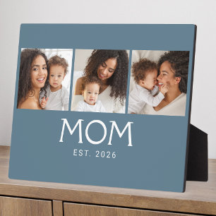 Mom Established Elegant Script Blue 3 Photo Plaque
