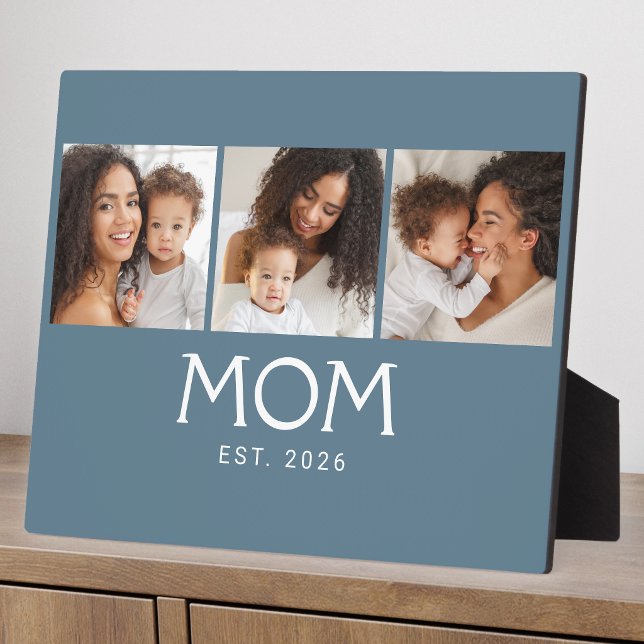 Mom Established Elegant Script Blue 3 Photo Plaque (Creator Uploaded)