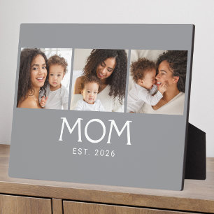 Mom Established Elegant Script Grey 3 Photo Plaque