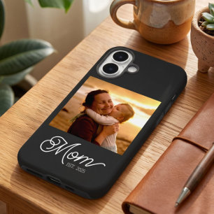Mom Established Elegant White Script Photo Black iPhone 16 Case