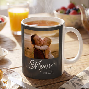 Mom Established Elegant White Script Photo Black Coffee Mug