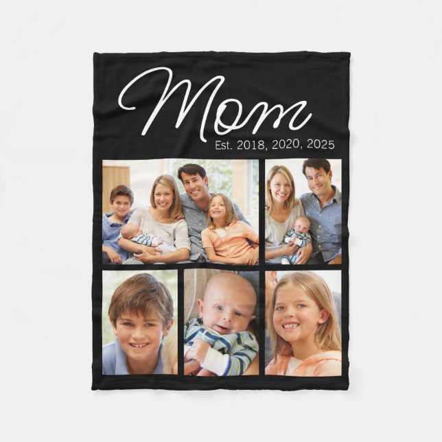 Mom Established Est Trendy 5 Photo Collage Fleece Blanket (Front)