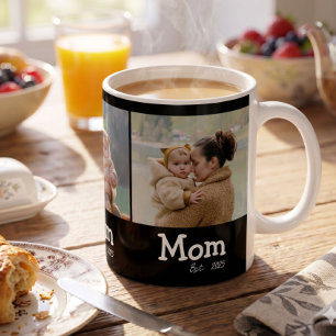 Mom Established Fun Bold Text 3 Photo Black Coffee Mug